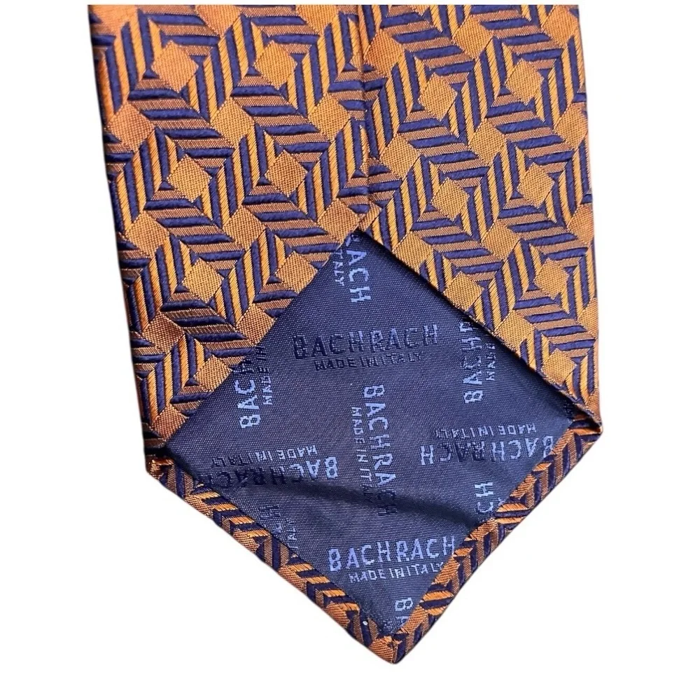 Bachrach Jaquard Orange Blue Geometric Neck Tie 100% Silk Made in Italy designer